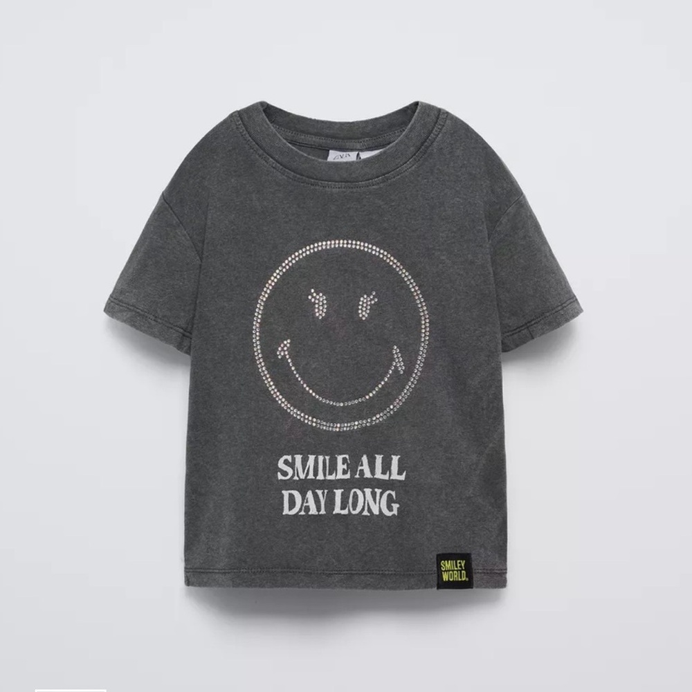 Zara Girls 13/14 Smiley World Rhinestone Tee Anthracite Gray